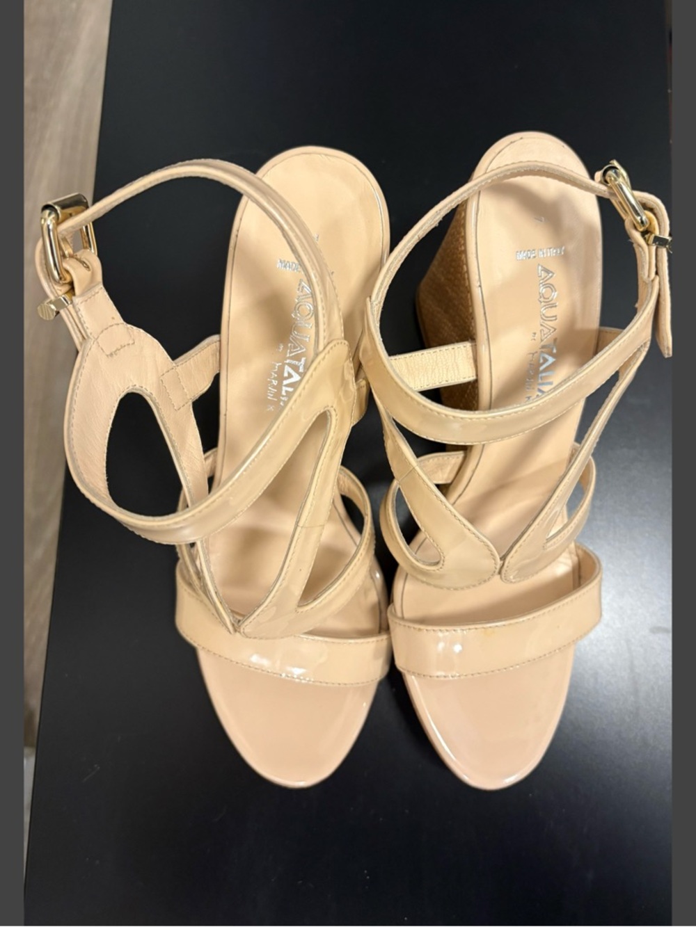 Aquazzura Beige Patent Leather Strappy Wedge Sandals